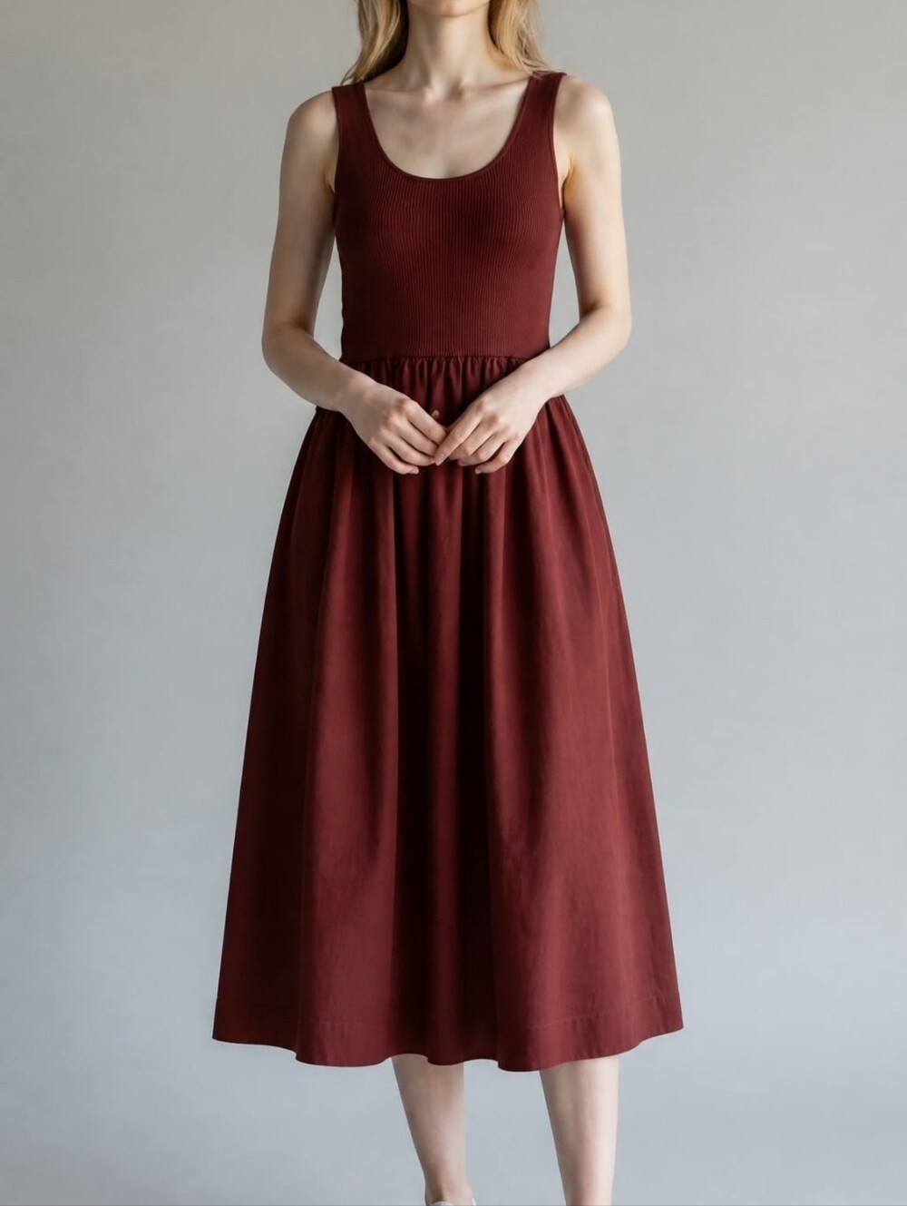 Time and Tru Ribbed Scoop Neck Midi Dress in Deep Wine